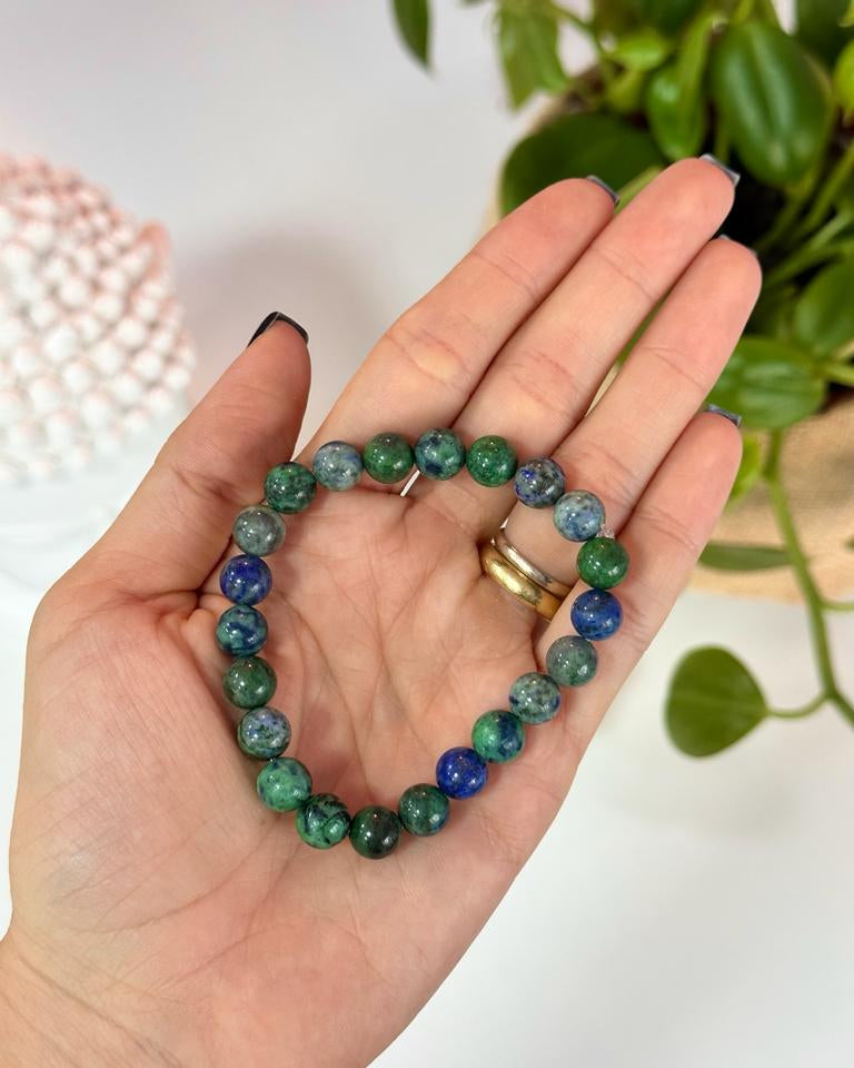 Pulseira de Azurita Redonda 8mm - Crenças Limitantes, Comunicação Astral, Medos e Poder Psíquico