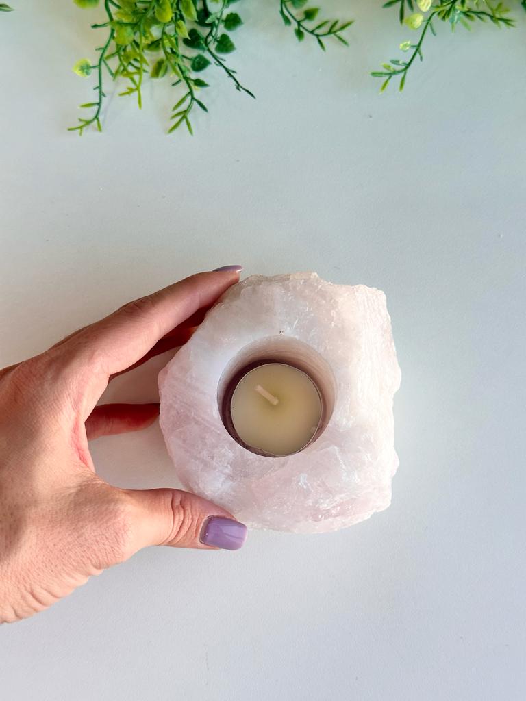 Porta Velas de Quartzo Rosa - Amor, Perdão e Gratidão