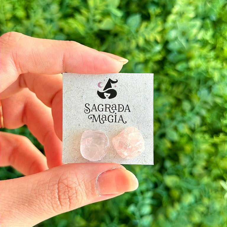 Brinco de Quartzo Rosa Bruto - Cura do Coração, Amor Próprio, Perdão e Gratidão