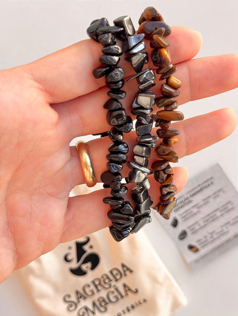Conjunto Proteção Energética e Espiritual - Turmalina Negra, Hematita e Olho de Tigre