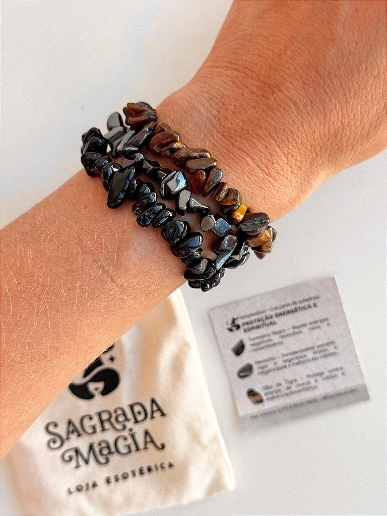 Conjunto Proteção Energética e Espiritual - Turmalina Negra, Hematita e Olho de Tigre