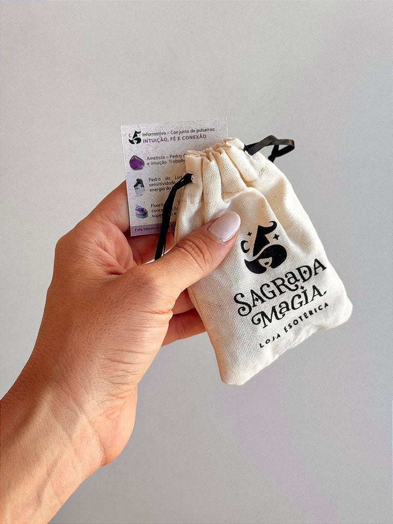 Conjunto Intuição, Fé e Conexão - Ametista, Pedra da Lua e Fluorita
