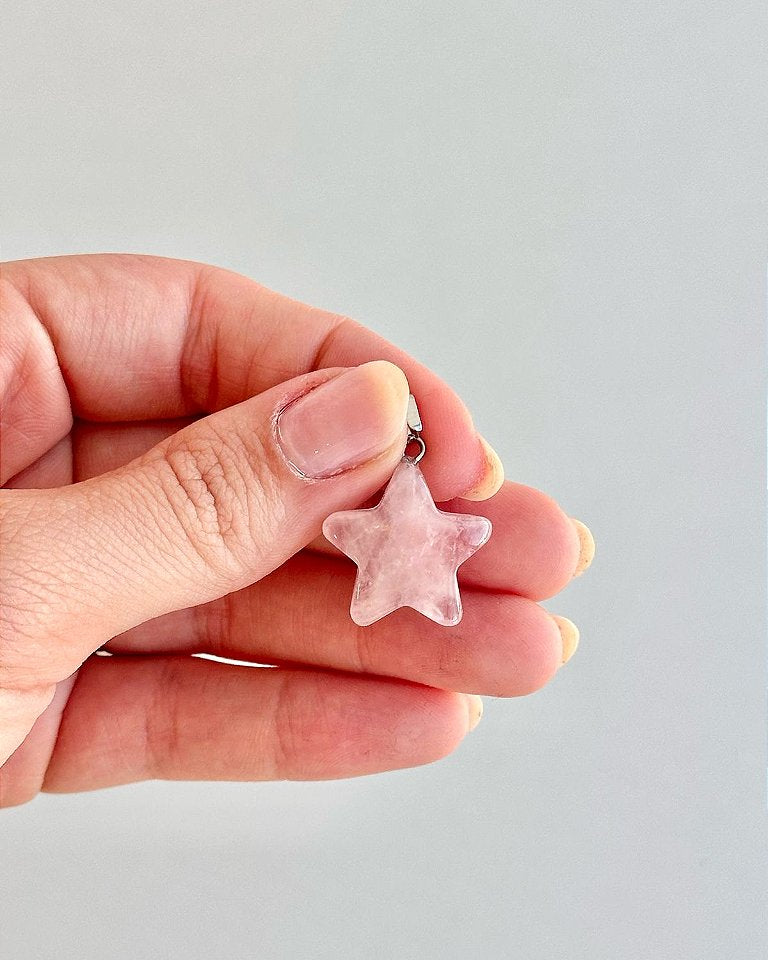 Pingente de Quartzo Rosa - Estrela - Pedra do Amor - Cura do Coração, Amor Próprio, Perdão e Gratidão