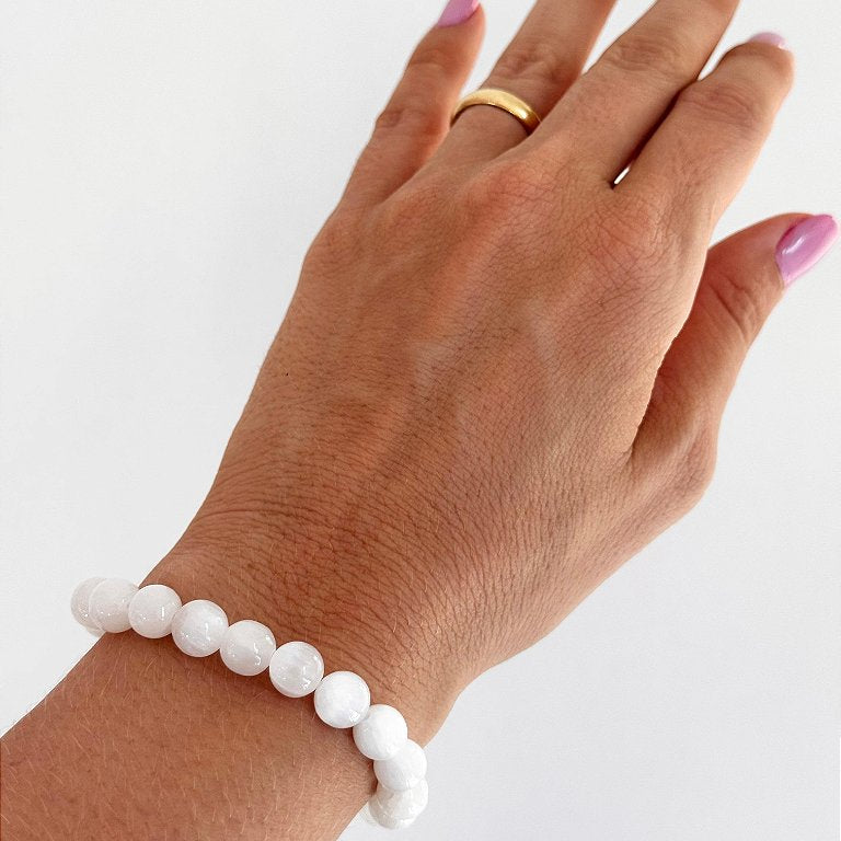 Pulseira de Selenita Redonda 8mm - Limpeza Energética; Paz de Espírito; Cansaço Mental e Dores