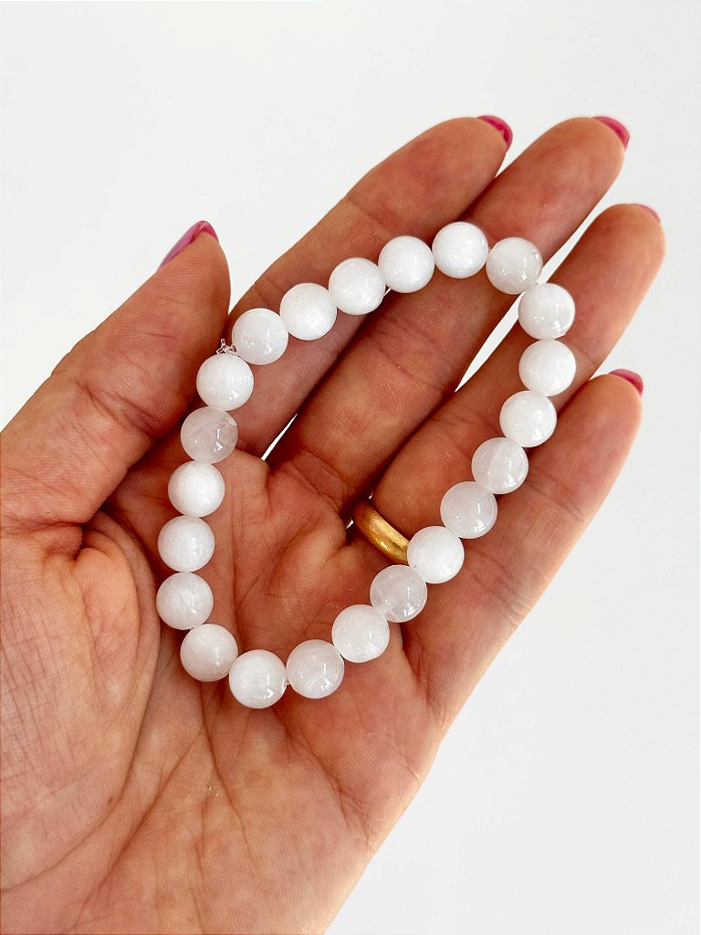 Pulseira de Selenita Redonda 8mm - Limpeza Energética; Paz de Espírito; Cansaço Mental e Dores