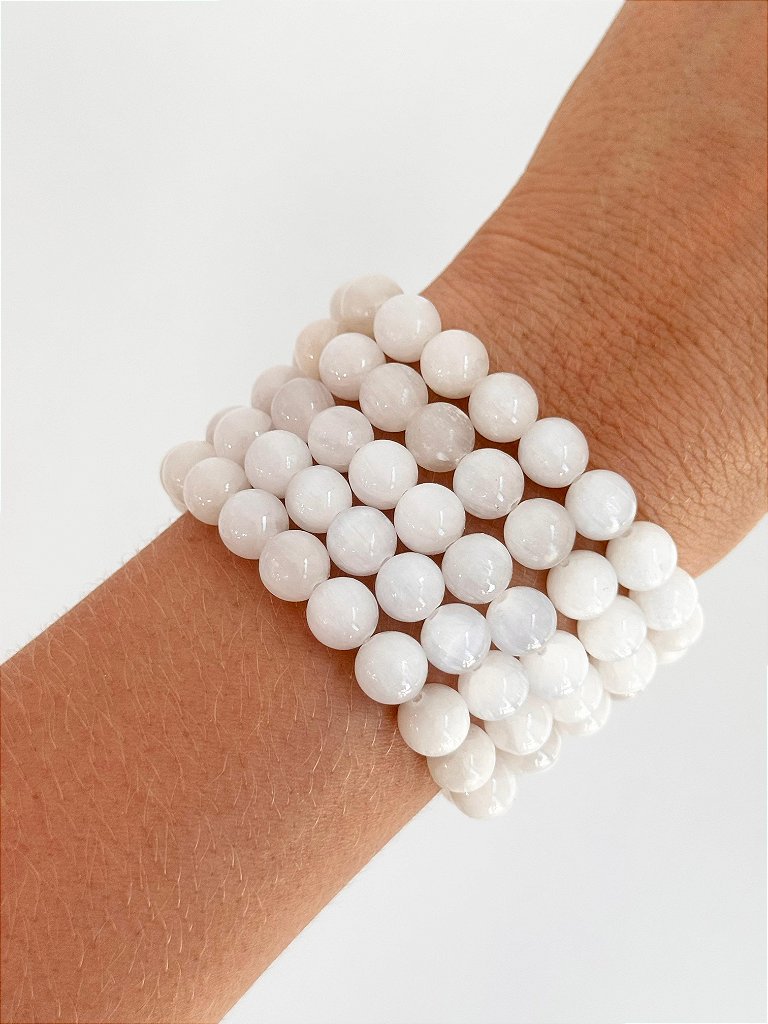 Pulseira de Selenita Redonda 8mm - Limpeza Energética; Paz de Espírito; Cansaço Mental e Dores