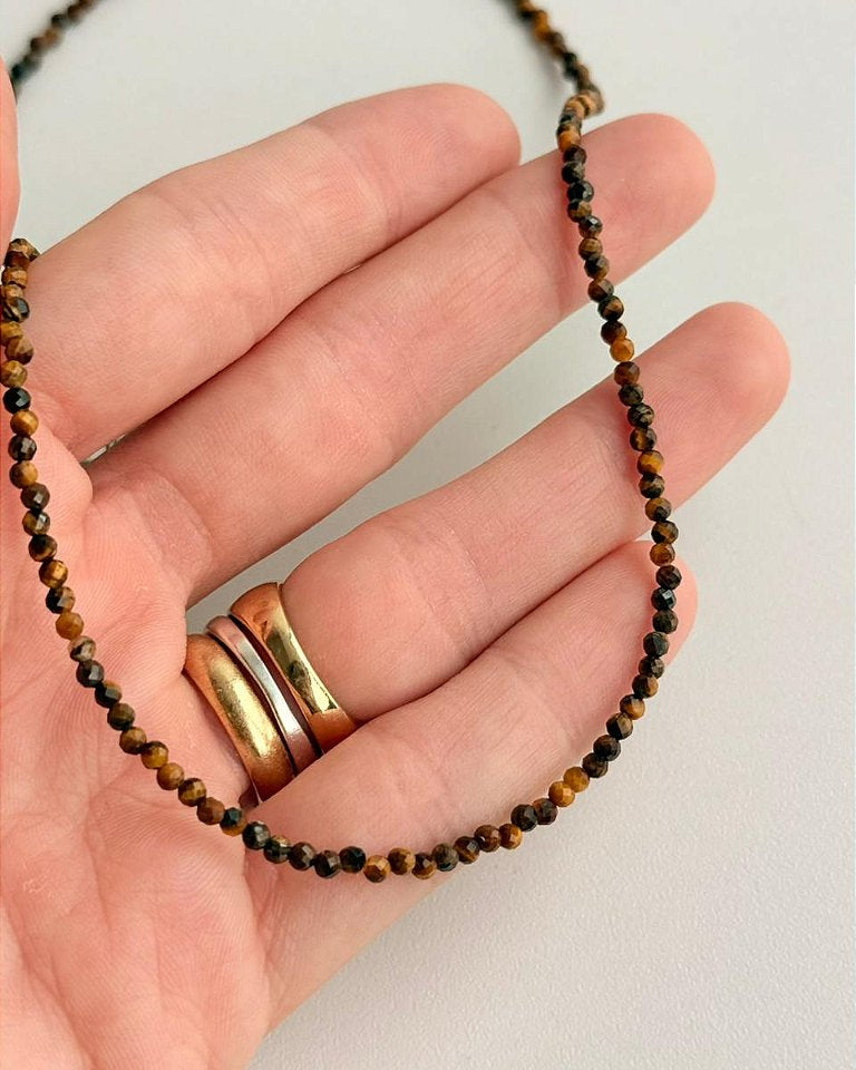 Colar de Olho de Tigre 2mm Multifacetado - Contra Inveja e Olhado; Autoconfiança; Coragem e Determinação