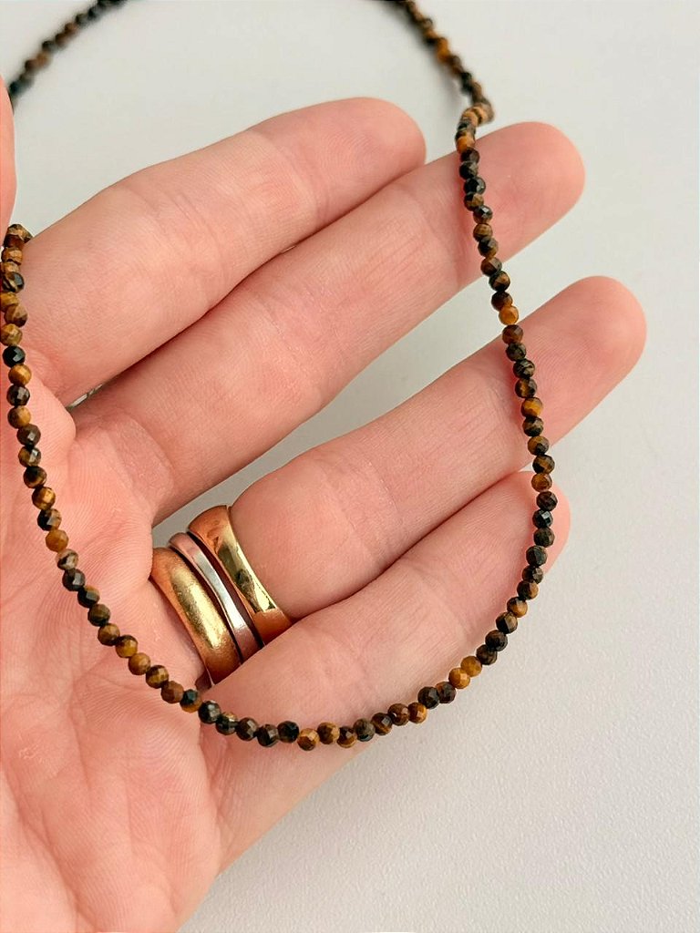Colar de Olho de Tigre 2mm Multifacetado - Contra Inveja e Olhado; Autoconfiança; Coragem e Determinação