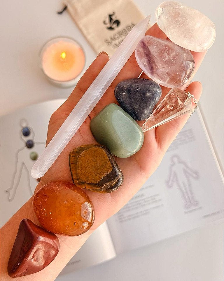 Kit Alinhamento dos Chakras - Pêndulo + Cristais + Lápis Selenita - Opção Bruto e Rolado