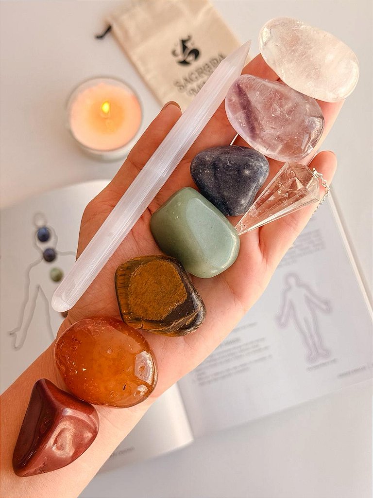 Kit Alinhamento dos Chakras - Pêndulo + Cristais + Lápis Selenita - Opção Bruto e Rolado