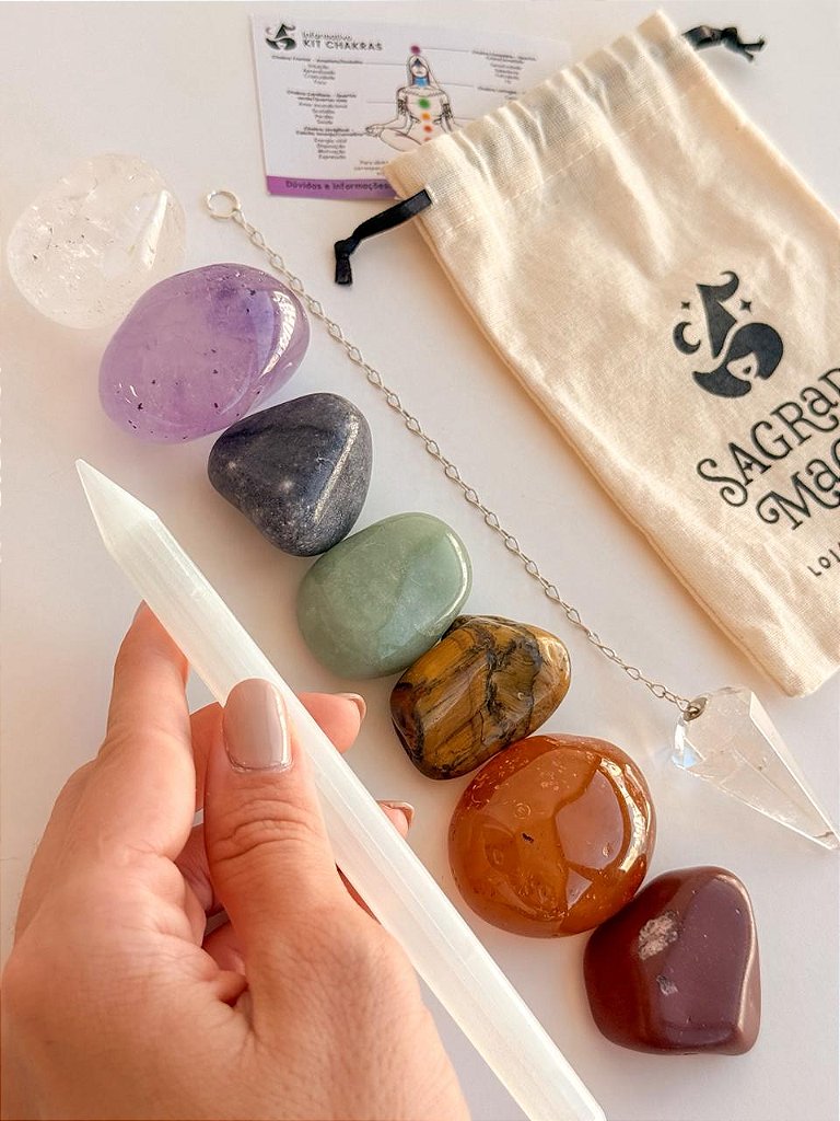 Kit Alinhamento dos Chakras - Pêndulo + Cristais + Lápis Selenita - Opção Bruto e Rolado