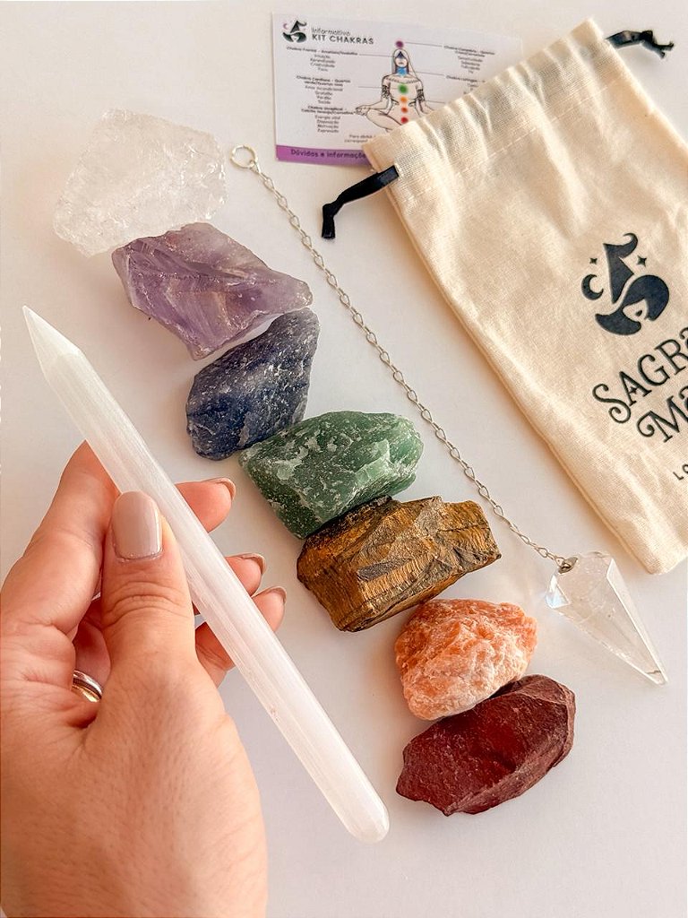 Kit Alinhamento dos Chakras - Pêndulo + Cristais + Lápis Selenita - Opção Bruto e Rolado