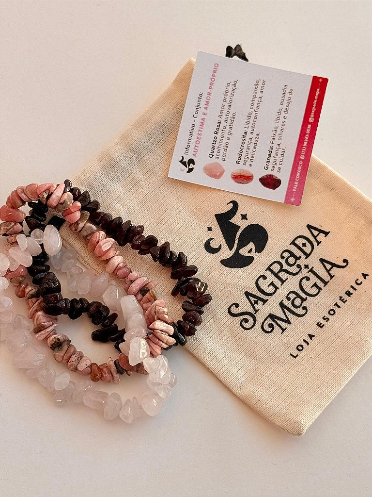 Conjunto Autoestima e Amor-próprio - Rodocrosita, Quartzo Rosa e Granada